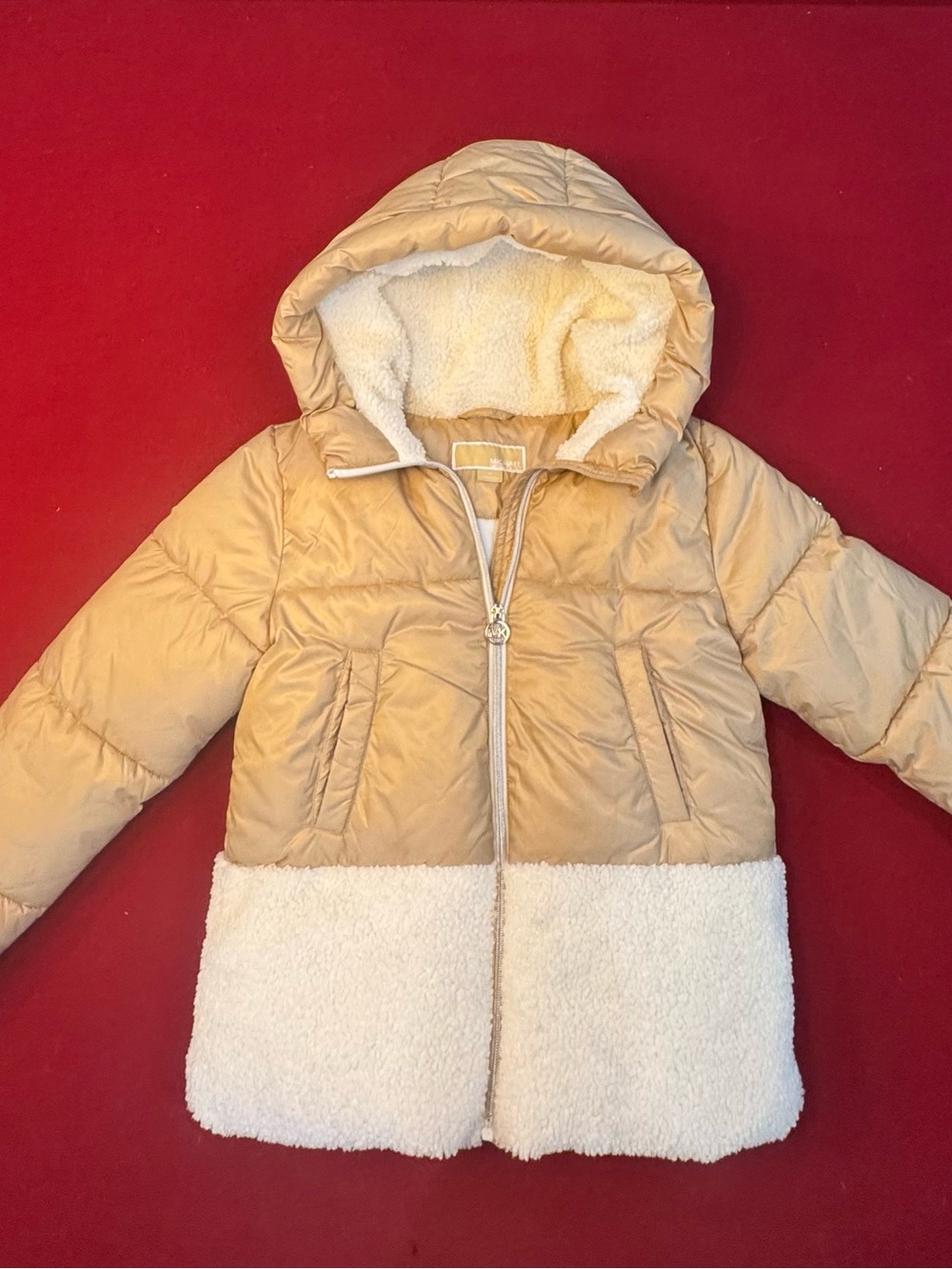 MICHAEL by Michael Kors Girl’s Sherpa Trim Hooded Puffer Jacket - Cream/Tan (14)